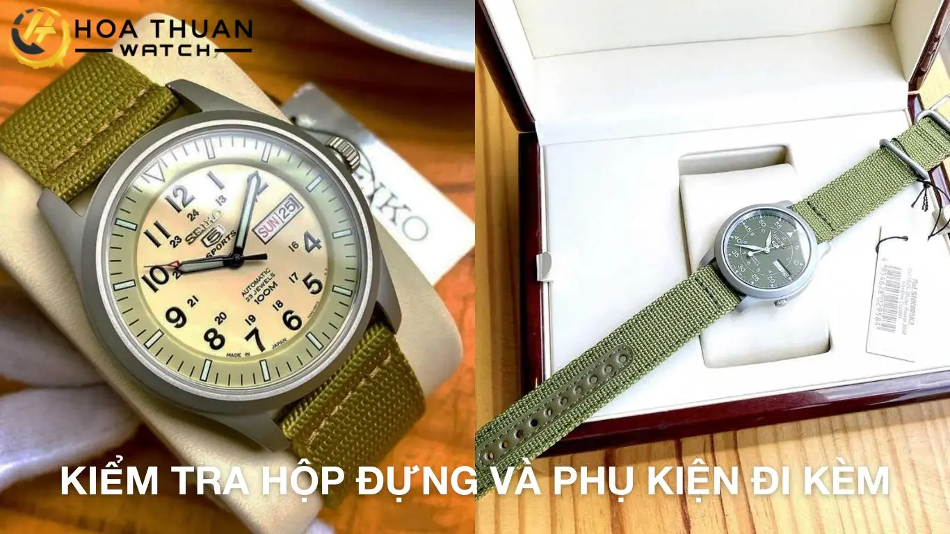 Kiểm tra hộp đựng và phụ kiện đi kèm đồng hồ Seiko 5 quân đội